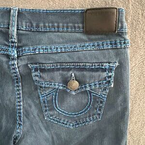 Casey low rise super t jeans RARE blue stitching EUC 27